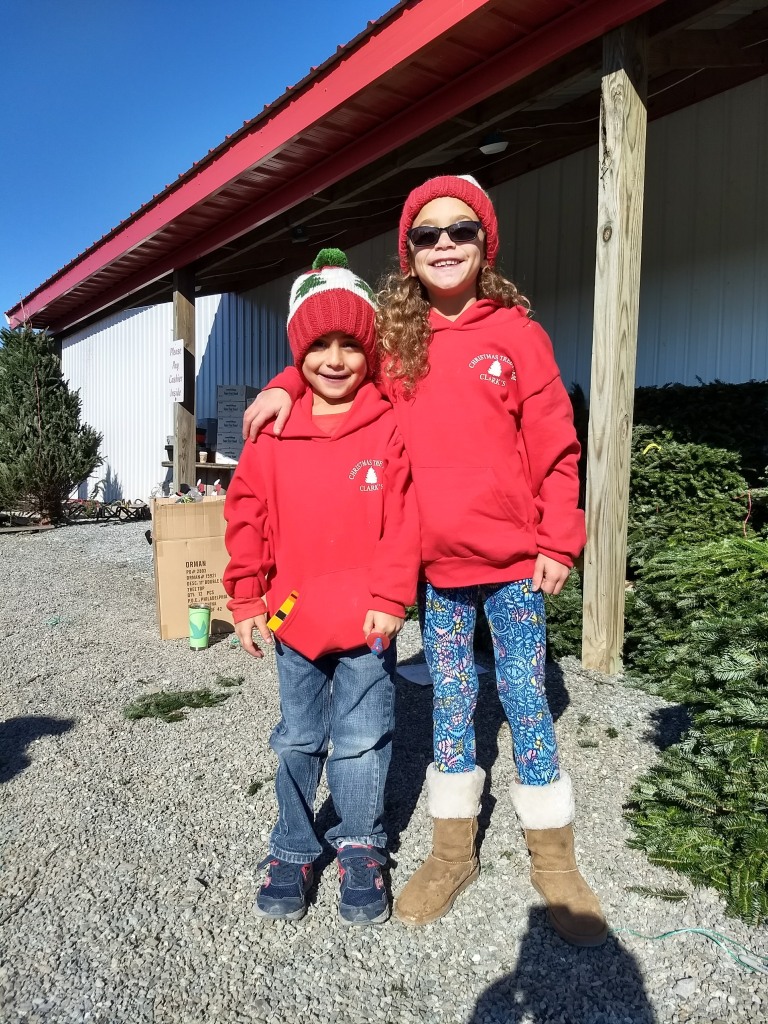 two kids on christmas tree farm